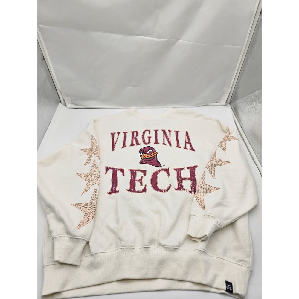 Gameday Social Sweatshirt Women Small Cream VT Hokies Stars Rhinestone